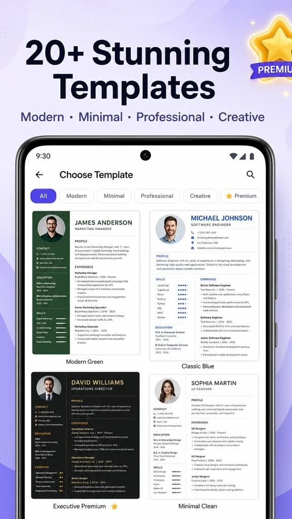 20+ ATS resume templates on Android — modern, minimal, professional, and corporate UK CV layouts