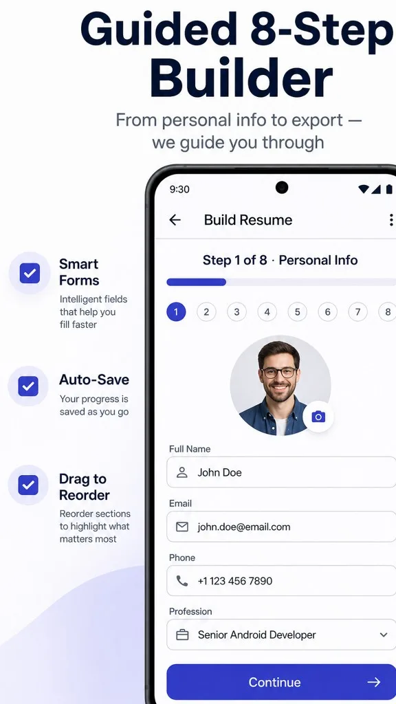 Android guided 8-step resume builder editor with smart forms and auto-save — CV maker app UK