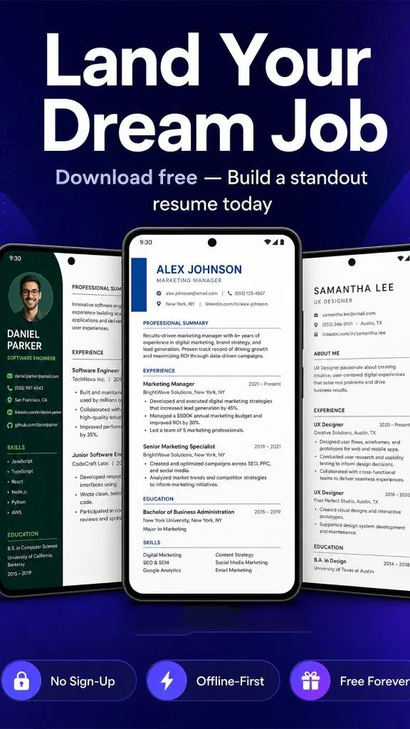 Live resume preview on Android with pinch-to-zoom — ATS-friendly CV maker app interface UK