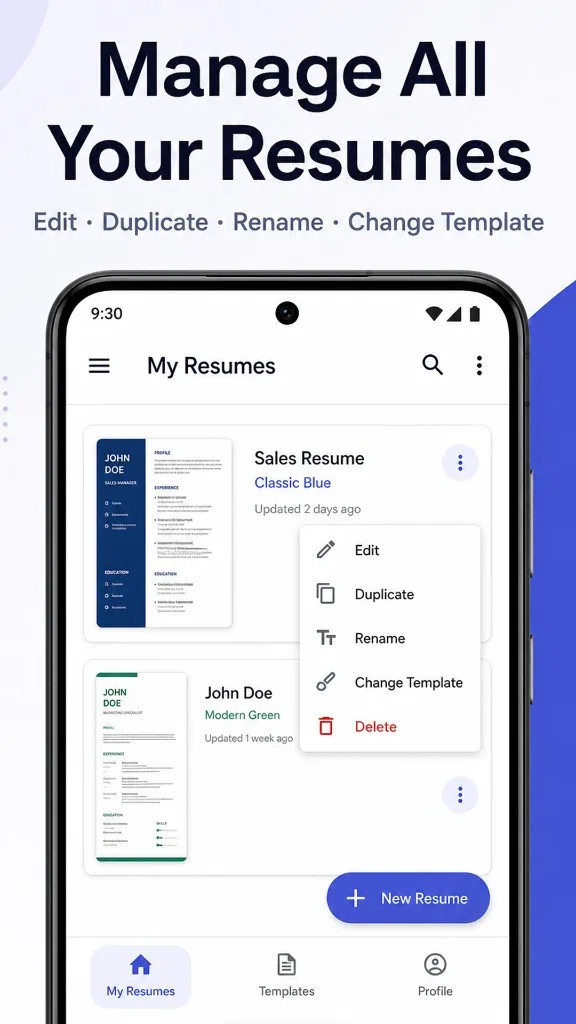 Manage all resumes on Android — edit, duplicate, rename, and change templates in CV maker app