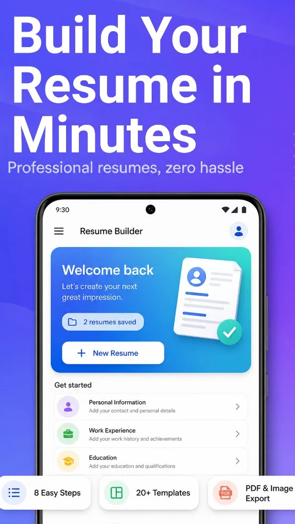 Android resume builder welcome dashboard — create professional CVs in minutes with guided steps