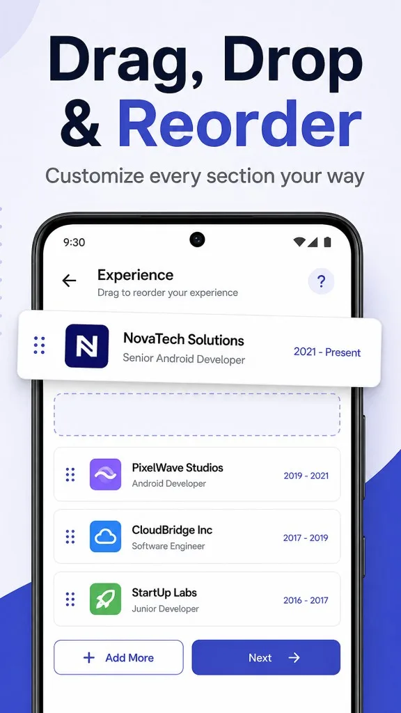 Drag and drop resume section reordering in Android CV builder app — customize your UK CV