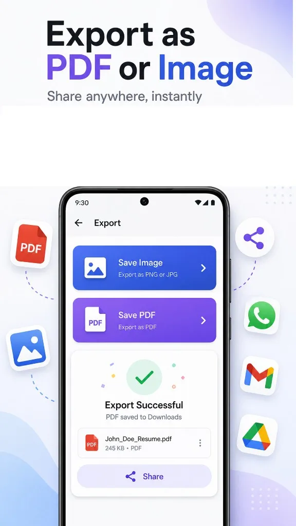 Export resume as PDF or image on Android — one-click share from CV maker app UK