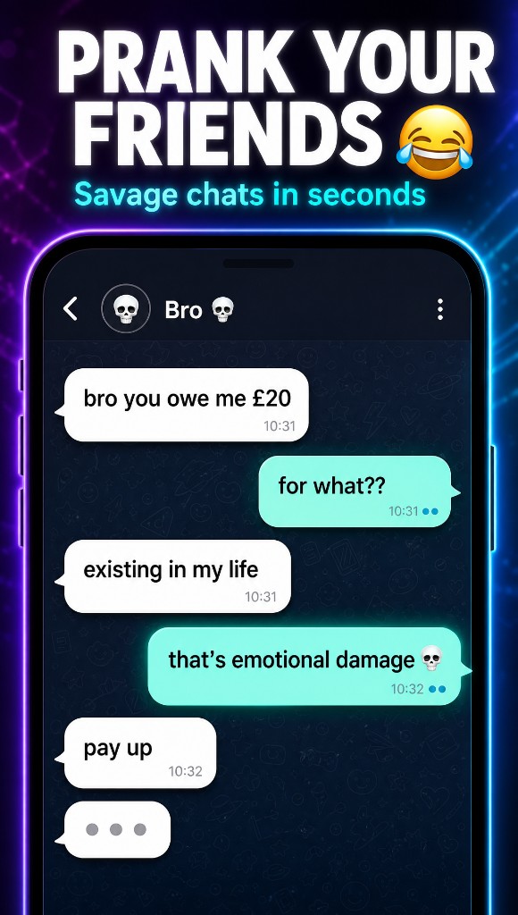 Prank chat maker with savage best-friend conversation and dark chat theme