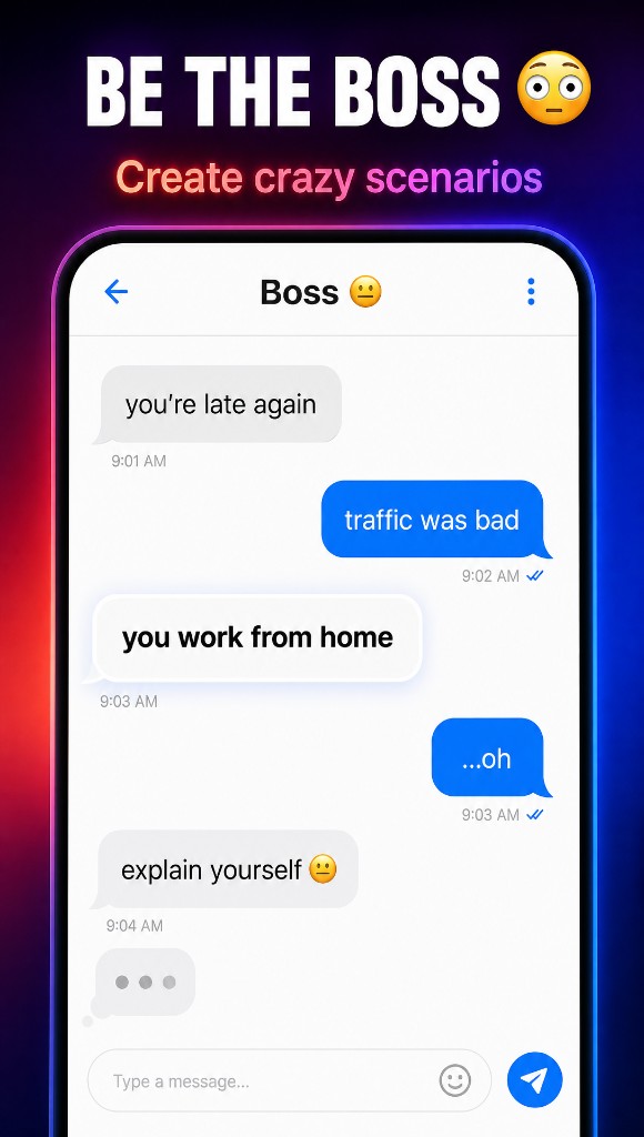Funny fake boss chat scenario — create crazy workplace prank chats