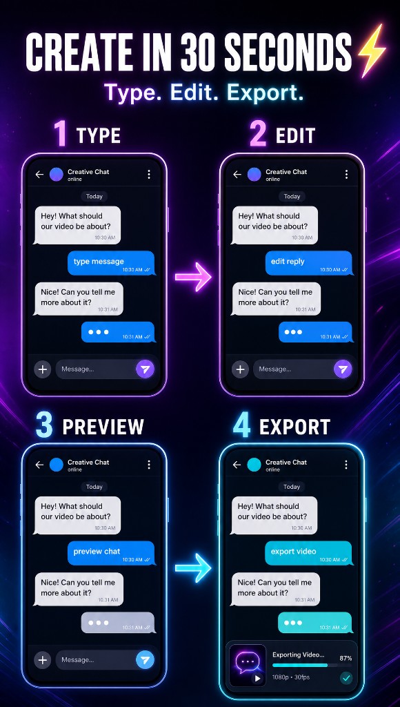 ChatReels workflow — type, edit, preview, and export chat video in 30 seconds
