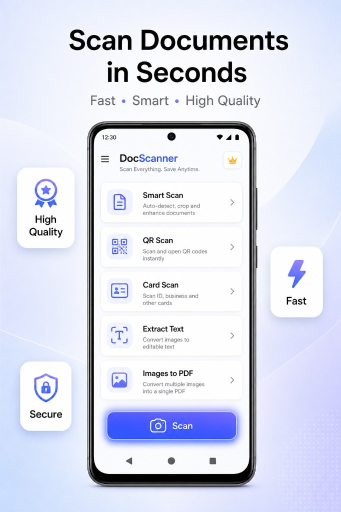 Document scanner app home screen — Smart Scan, QR Scan, Card Scan, OCR, and Images to PDF