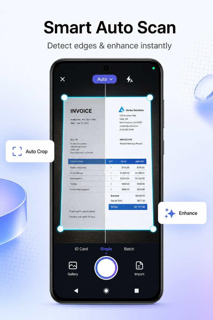 Smart auto scan with edge detection and instant document enhancement