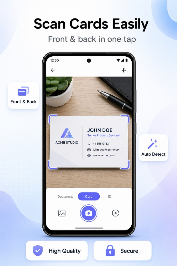 Business card scanner with auto detect and front & back capture