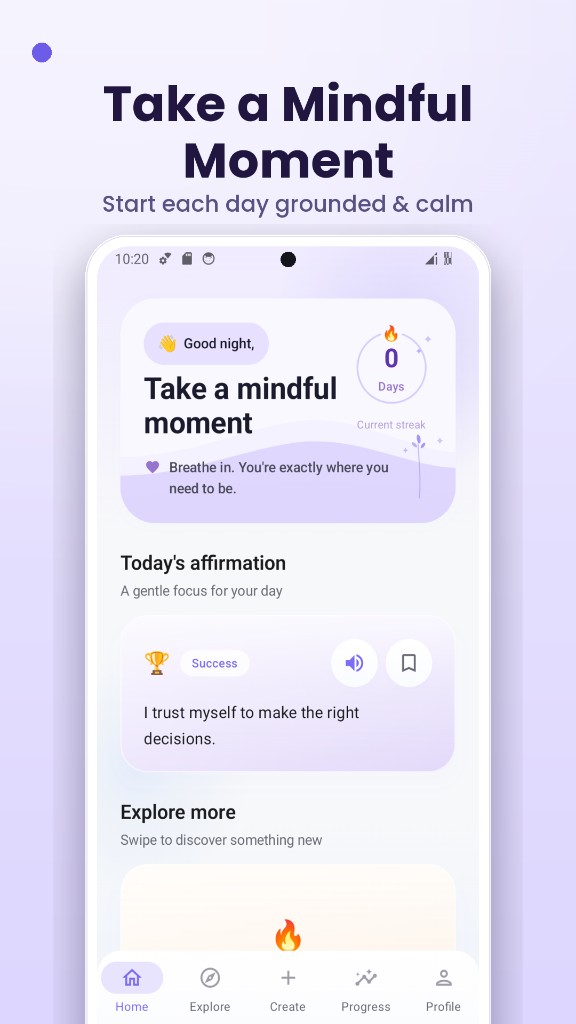 Daily affirmations app UI — take a mindful moment with streak tracking