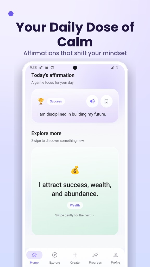 Daily affirmations app UI showing success and wealth affirmation cards