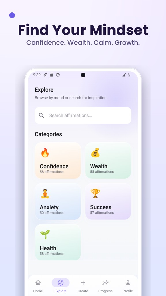 Daily affirmations app UI — explore categories for confidence, wealth, and calm
