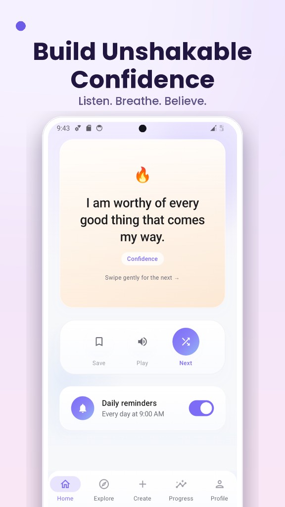 Daily affirmations app UI — build unshakable confidence with daily reminders