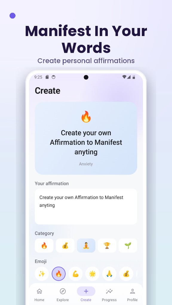 Daily affirmations app UI — create personal custom affirmations