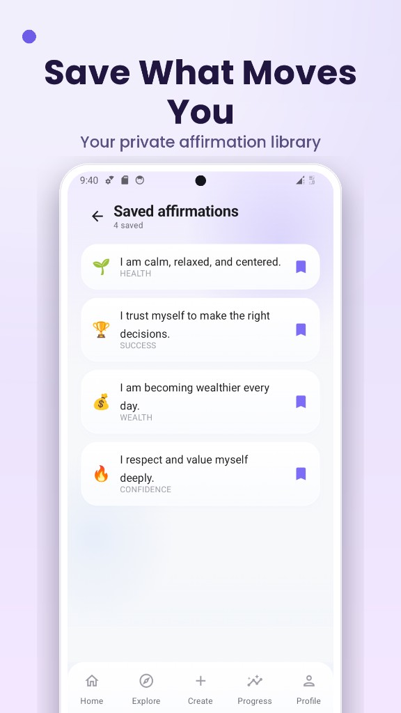 Daily affirmations app UI — saved affirmations library for health and success