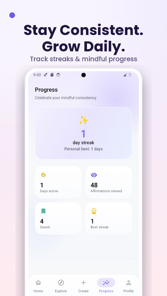 Daily affirmations app UI — track streaks and mindful progress