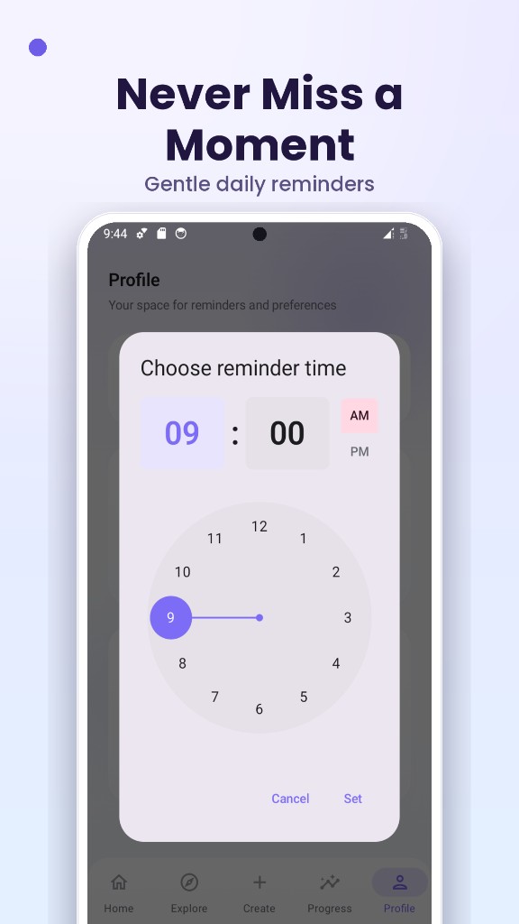 Daily affirmations app UI — gentle daily reminder notifications